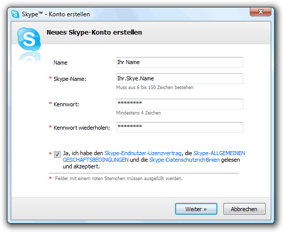 skype Benutzerkonto erstellen