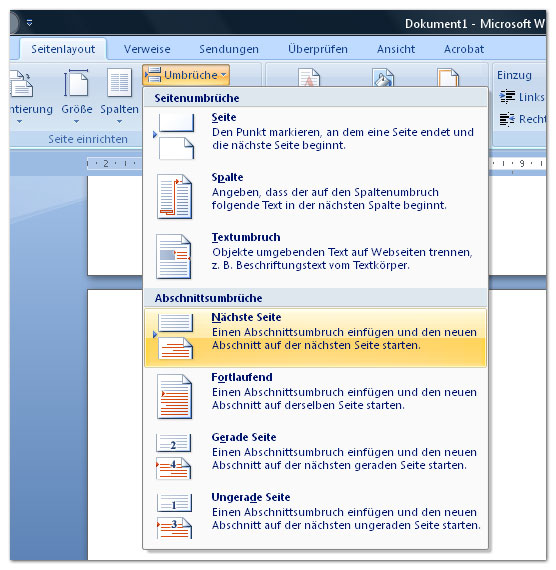 Sauberer Abschnittsumbruch in Word 2008