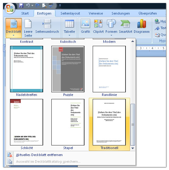 Deckblatt in Word 2008 hinzufügen