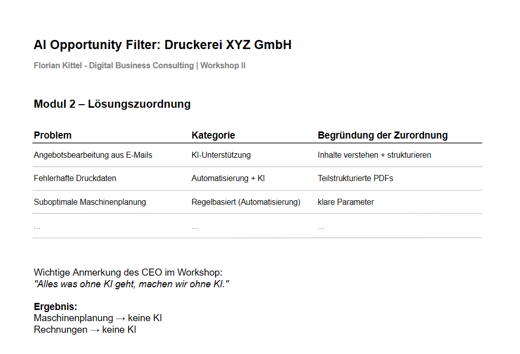 Auszug aus dem AI Opportunity Filter Modul 2 aus einem Workshop bei einer Druckerei.